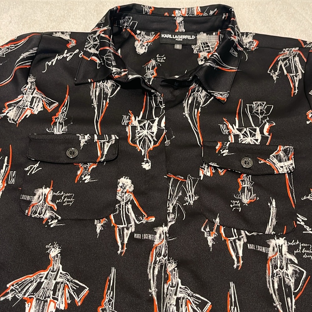 NWOT Karl Lagerfeld Women Black Preppy Graphic Button Down Beach Cover Up Med - Picture 3 of 15